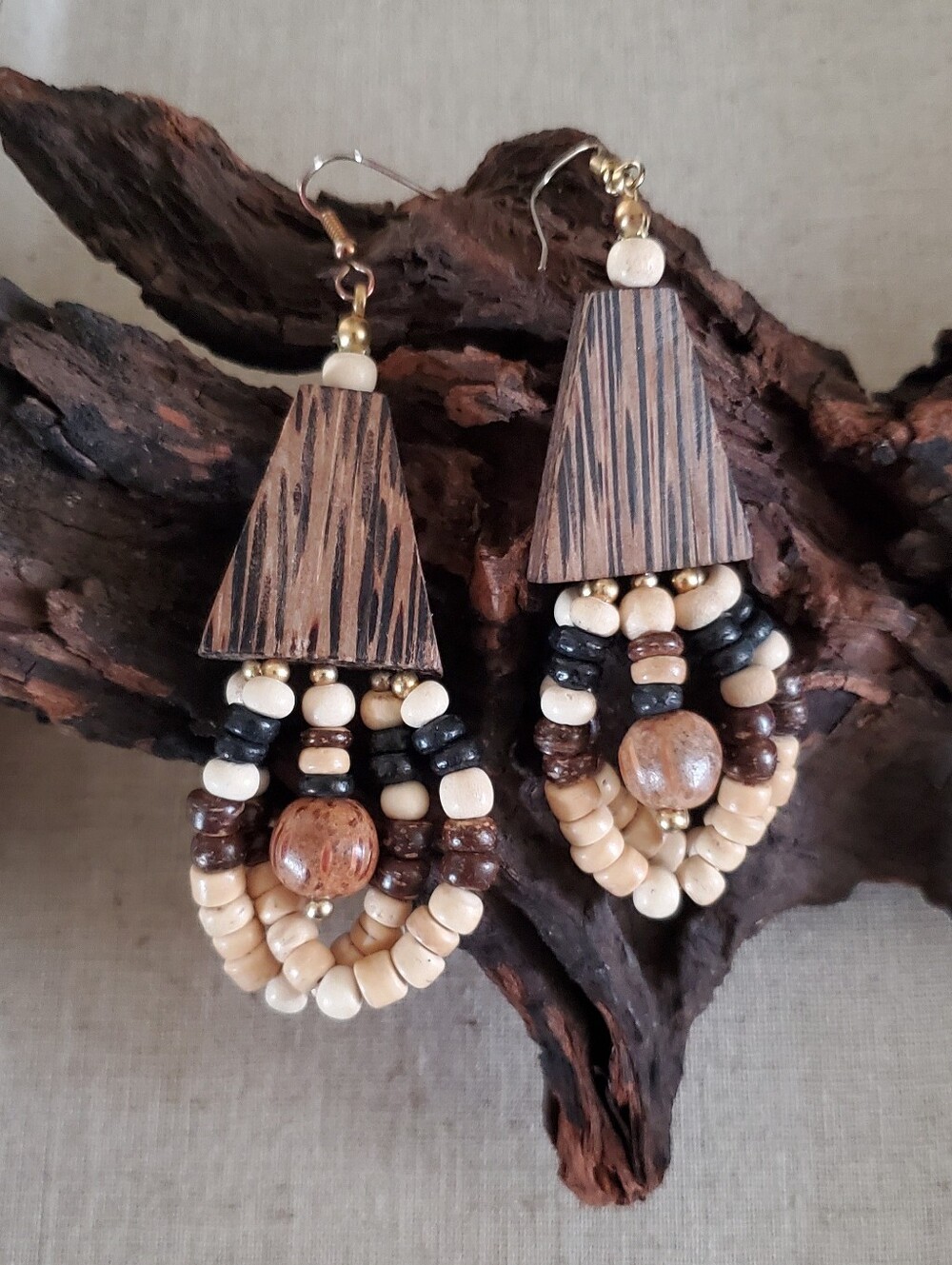 Boho Wooden Geometric Drop Earrings Layered Wood Bead Hoop Dangles Earthy/Tribal